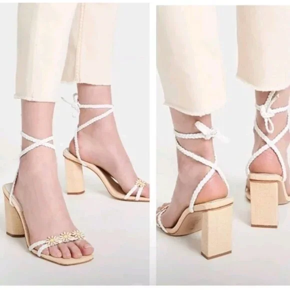 Schutz Hina Daisy Fairy Rafia Floral Lace Up White Block Heels Sandals Shoes 7.5 - Picture 3 of 14